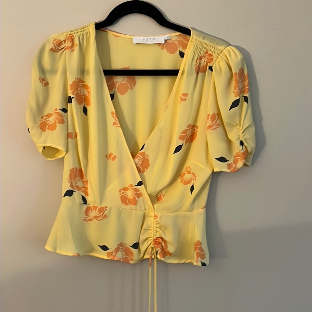 Astr Yellow Wrap Blouse with Puff Sleeves